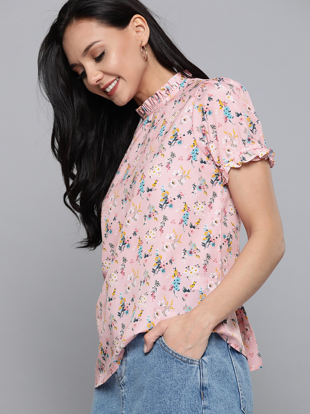 Mast & Harbour Pink & Blue Floral Print Top