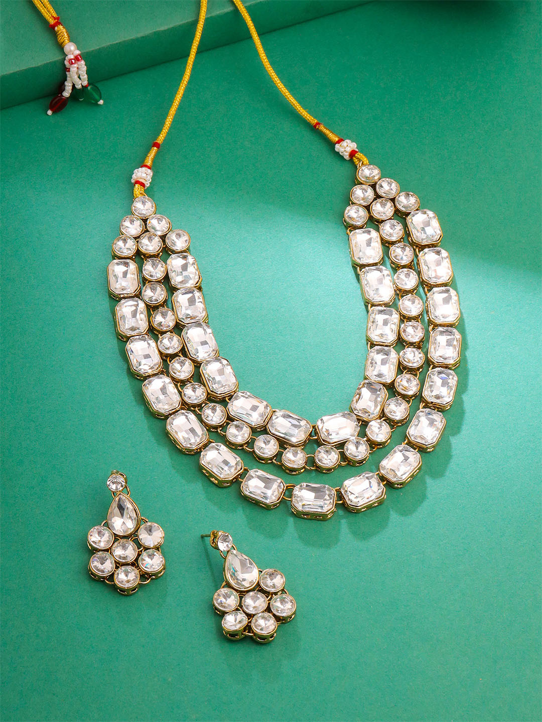 Yellow Chimes Gold-Plated & White Crystal Embellished Multi-Layered Jewellery Set