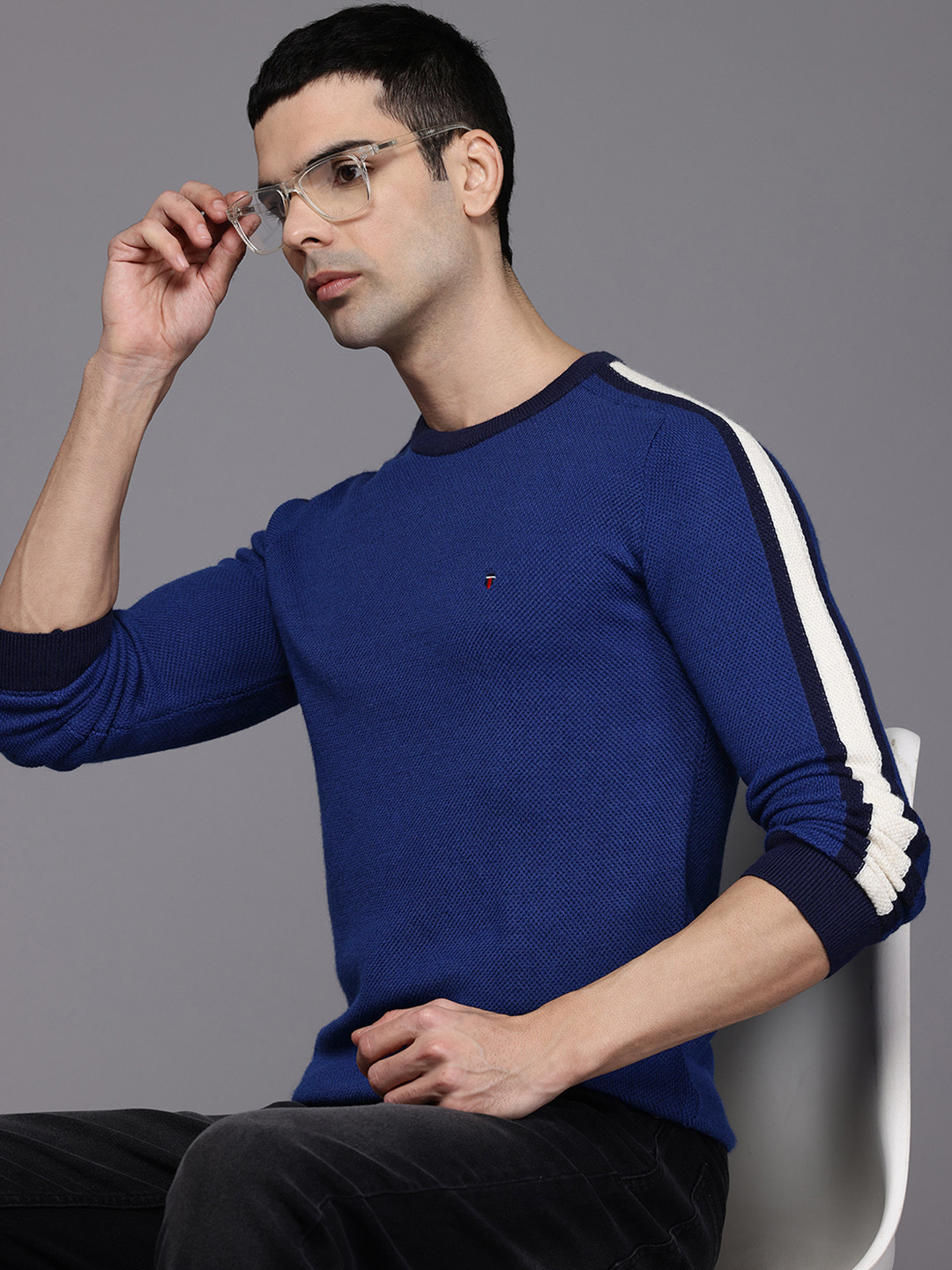 Louis Philippe Sport Textured Contrast Striped Detail Pullover