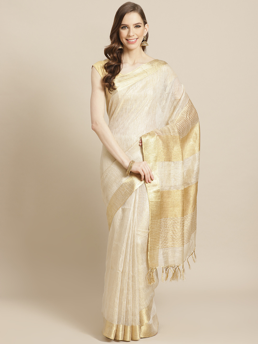 swatika Off-White & Golden Pure Linen Solid Dual Tone Handloom Bhagalpuri Saree