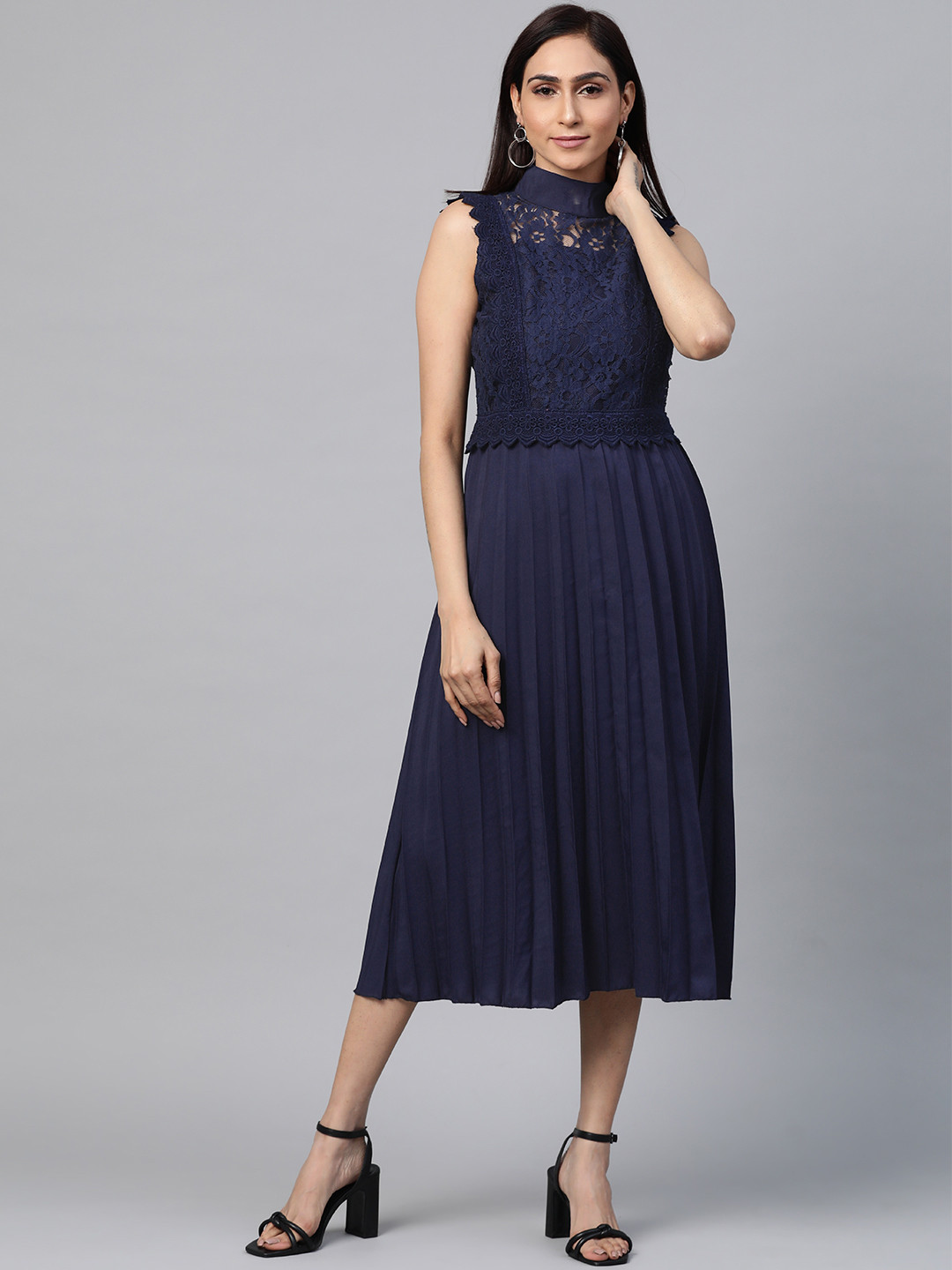 plusS Women Navy Blue Floral Lace Detail Accordion Pleated A-Line Dress