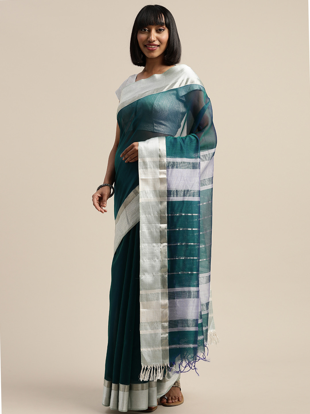 Mitera White & Blue Liva Silk Cotton Woven Design Maheshwari Saree