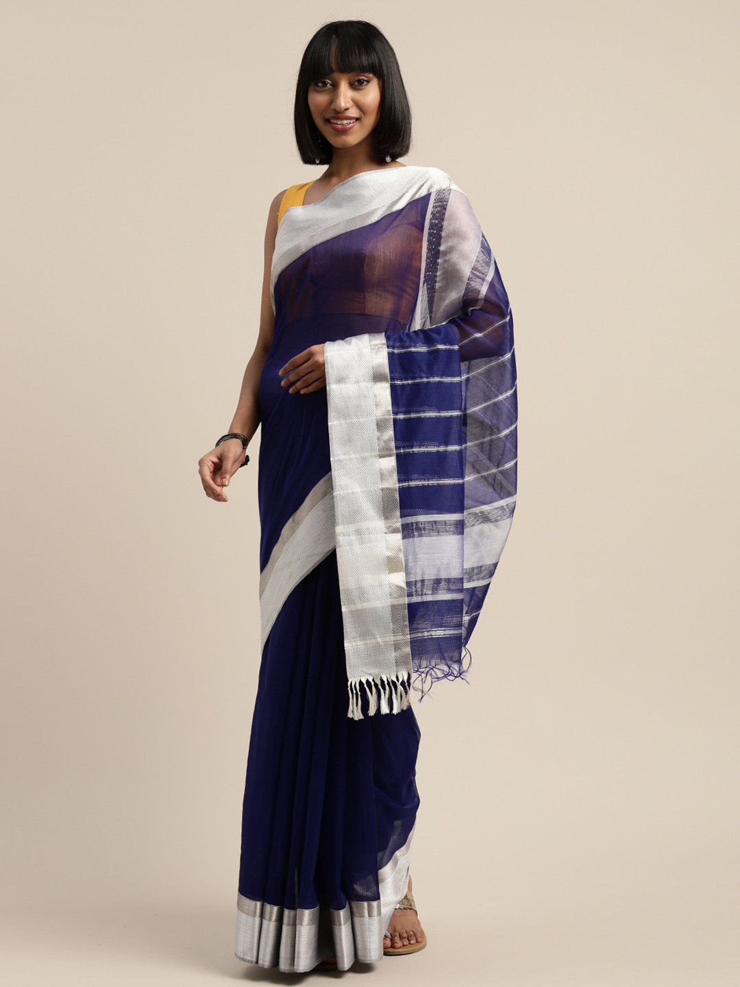 Mitera Navy Blue Liva Silk Cotton Solid Maheshwari Saree
