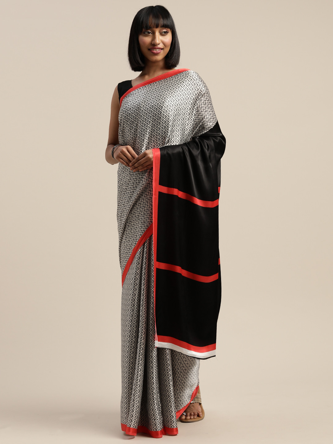 Mitera White & Black Liva Geometric Printed Saree