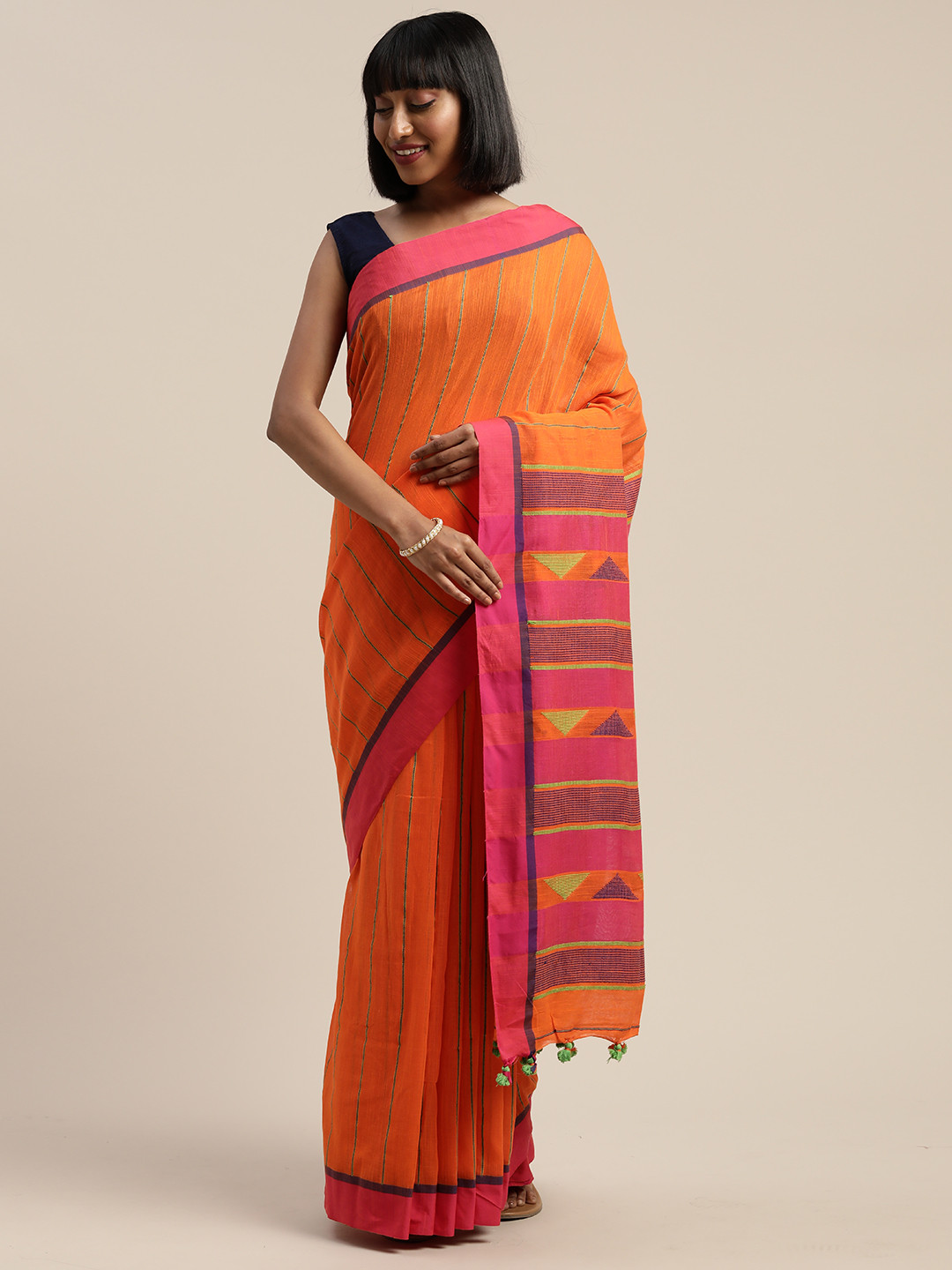 Mitera Orange & Pink Liva Pure Cotton Striped Saree