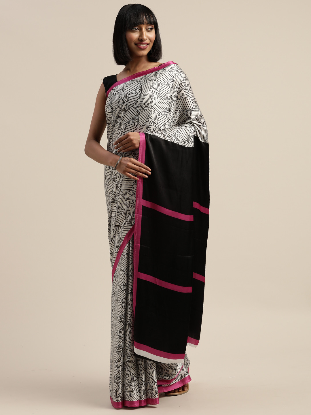 Mitera Off-White & Black Liva Geometric Printed Saree