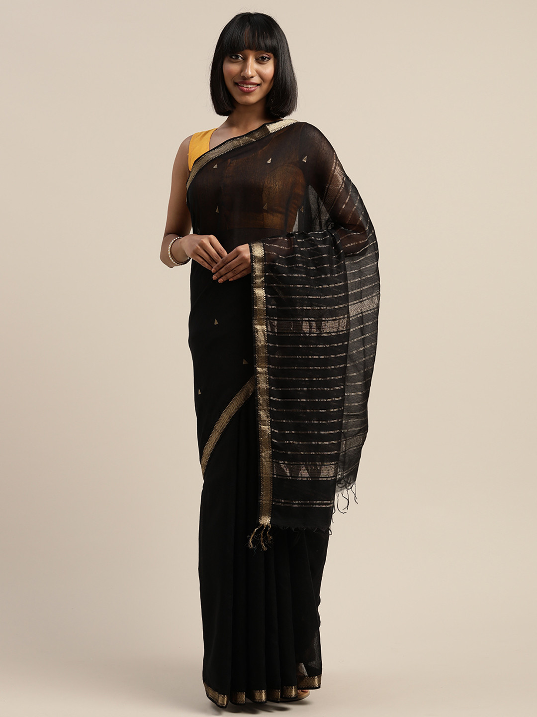 Mitera Black Liva Solid Maheshwari Saree