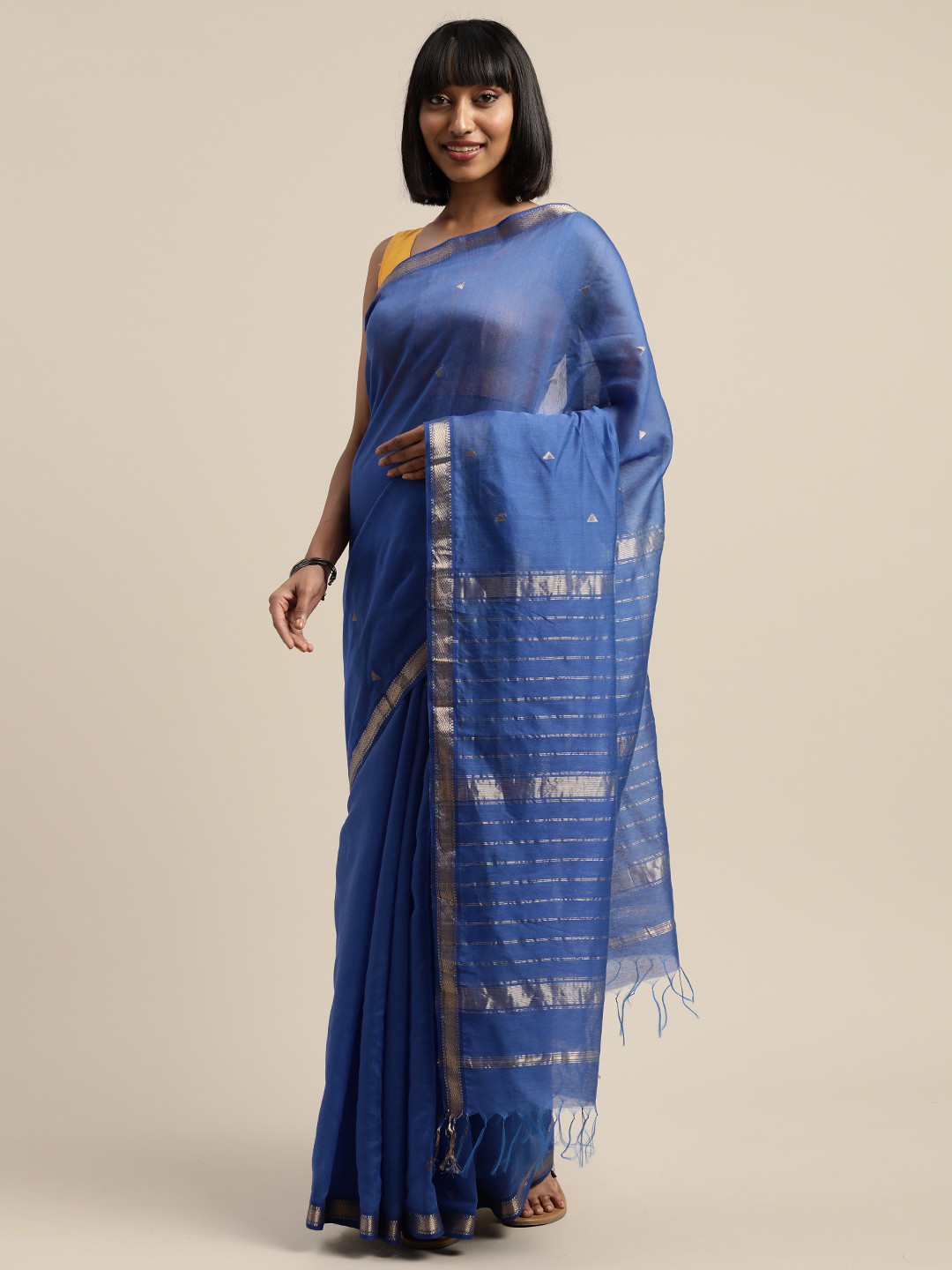 Mitera Navy Blue Liva Solid Maheshwari Saree