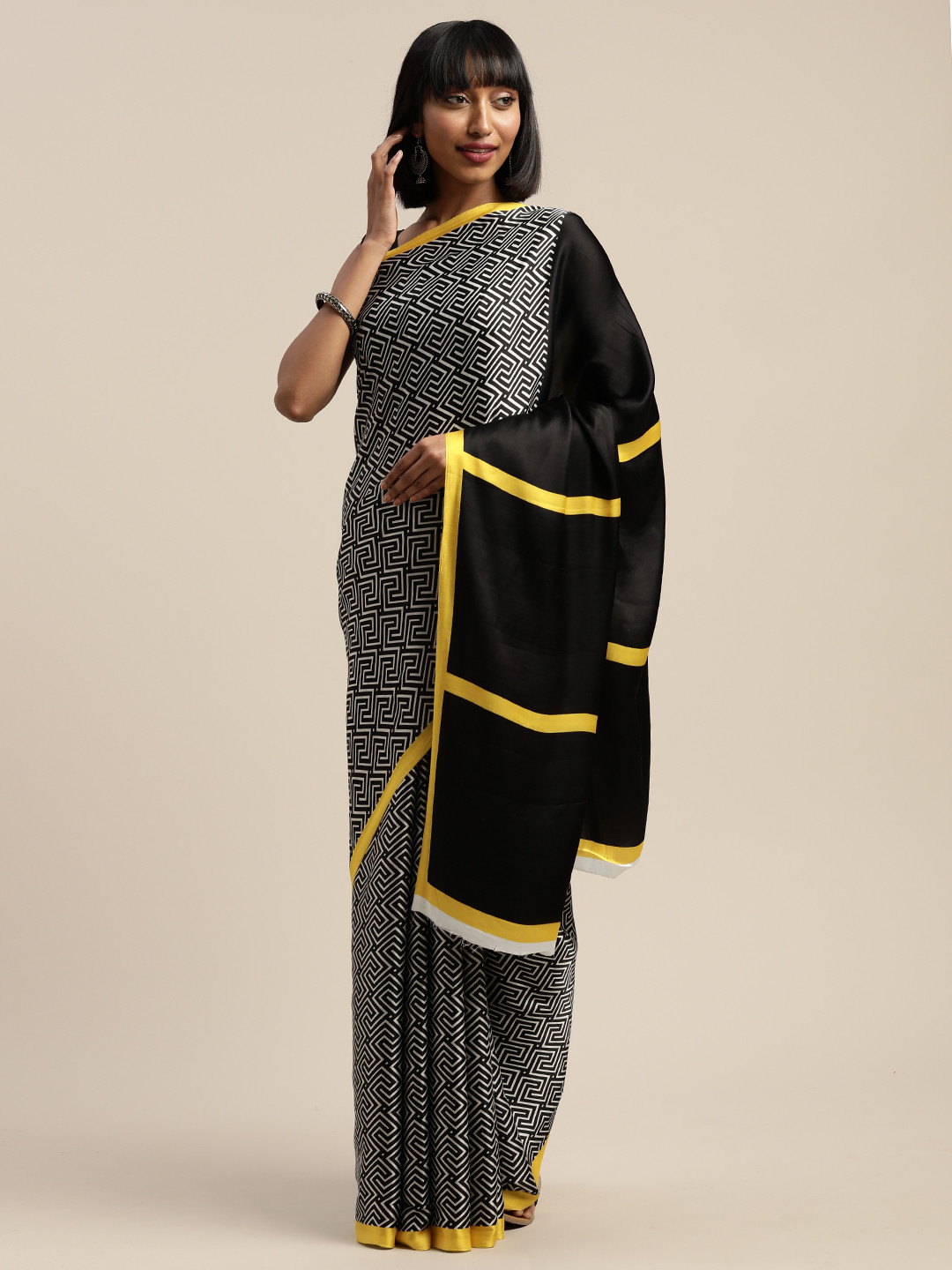 Mitera Black & White Liva Maze Printed Saree