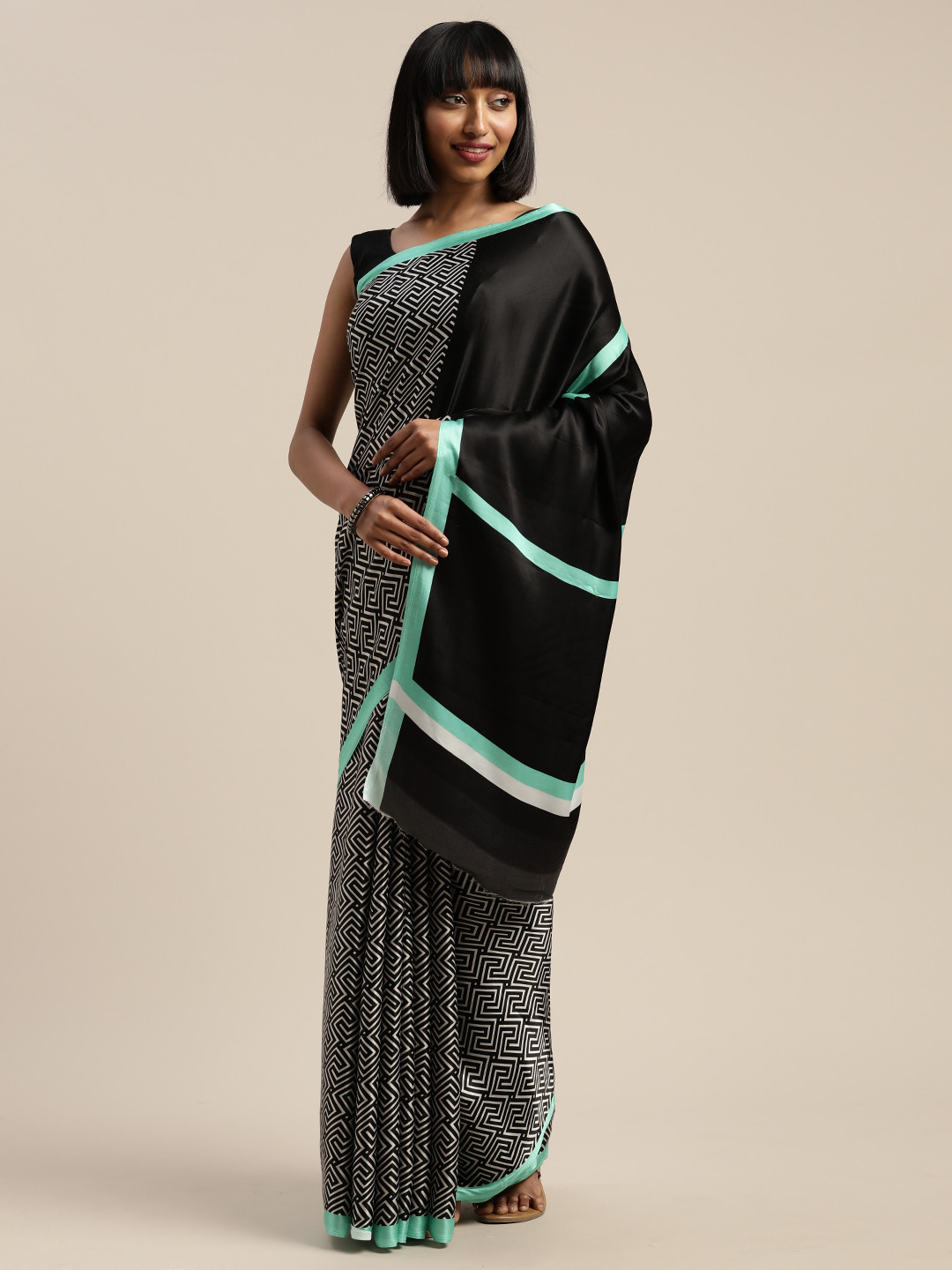 Mitera Black & White Liva Maze Printed Saree