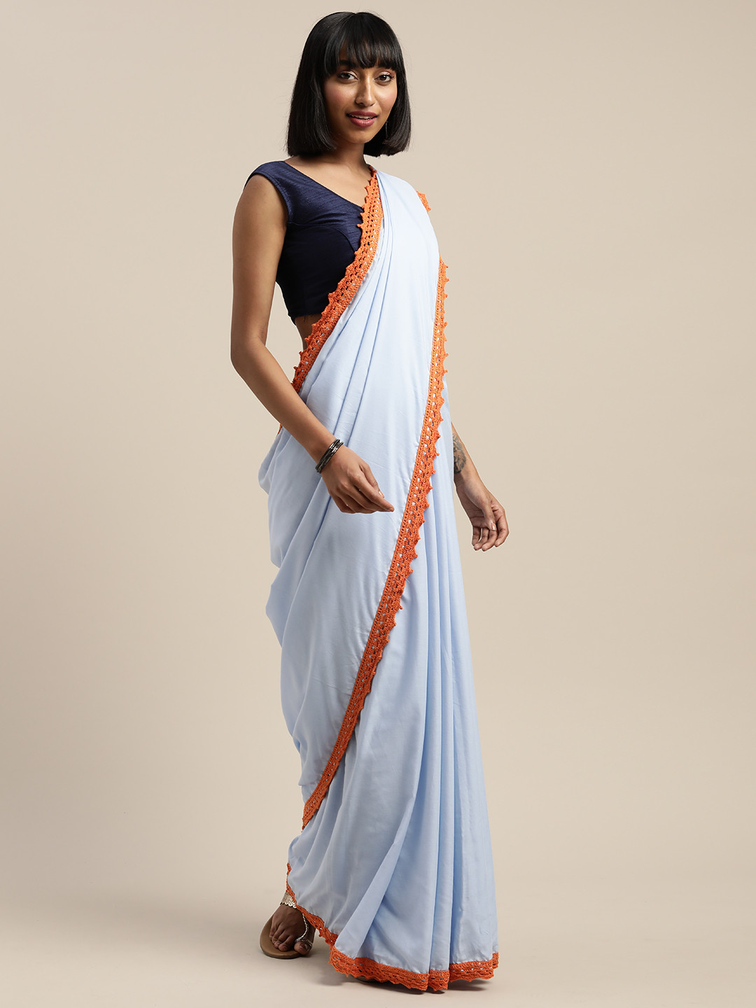 Mitera Powder Blue Solid Liva Saree