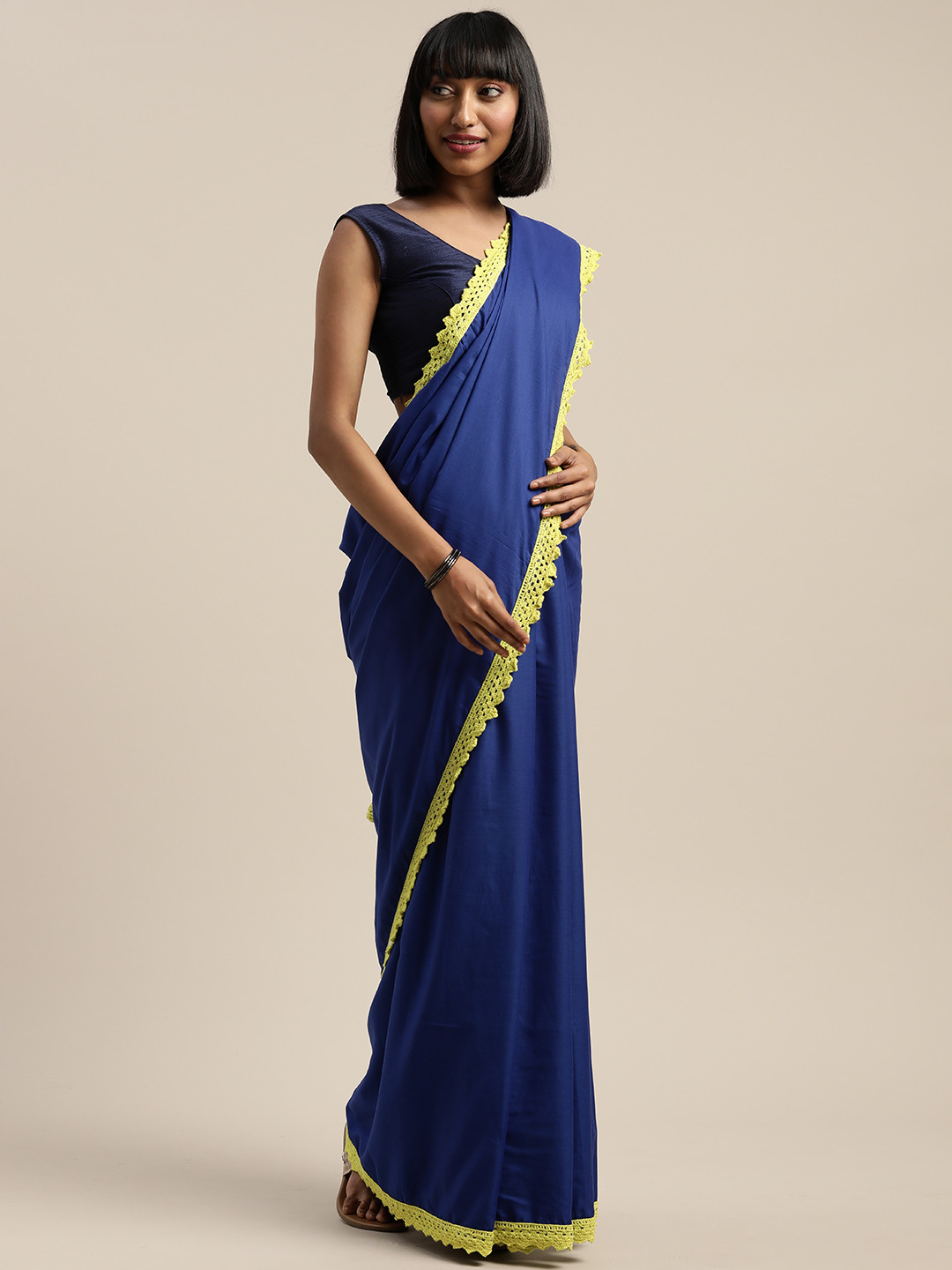 Mitera Navy Blue Solid Liva Saree