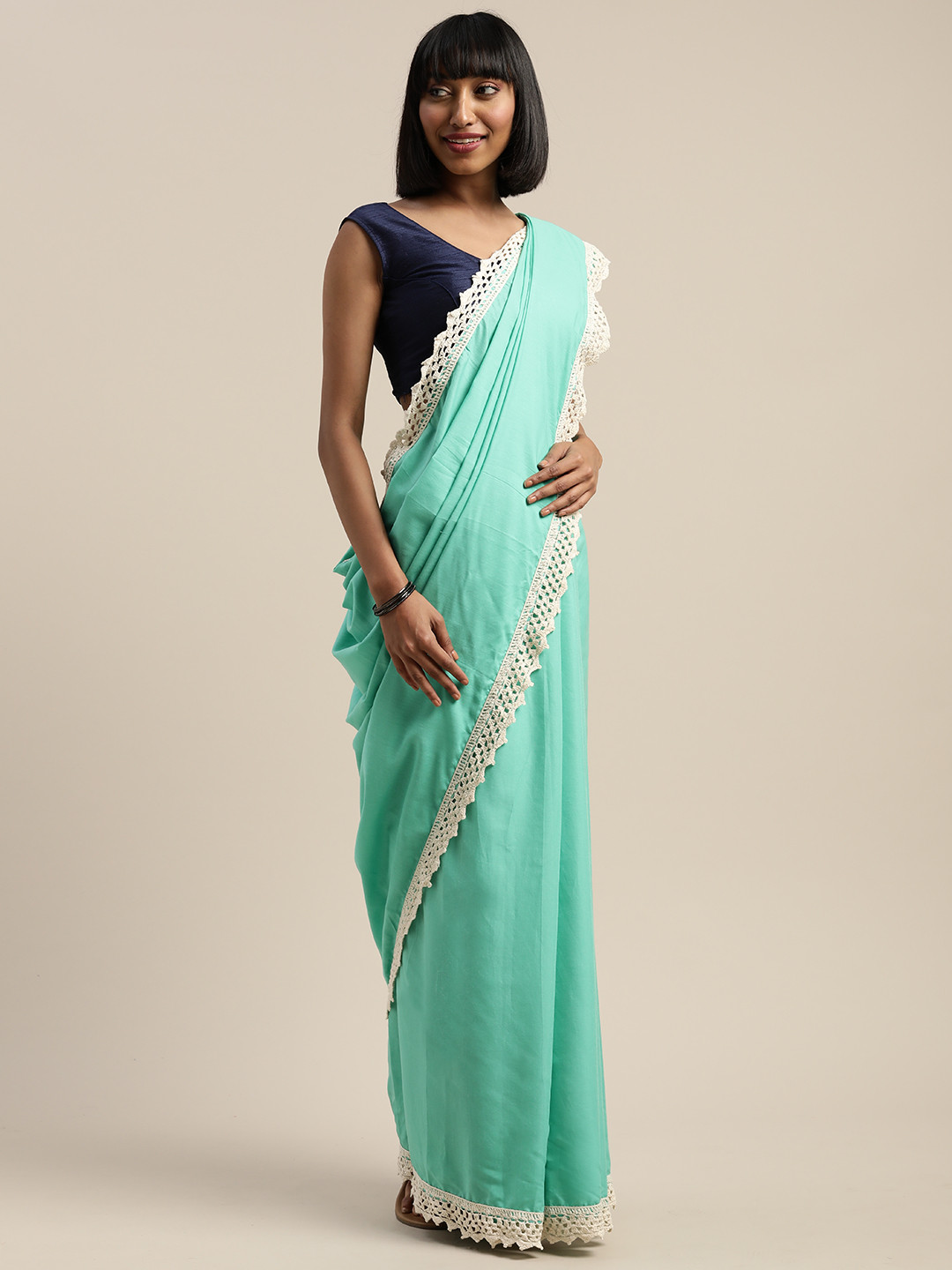 Mitera Sea Green Solid Liva Saree