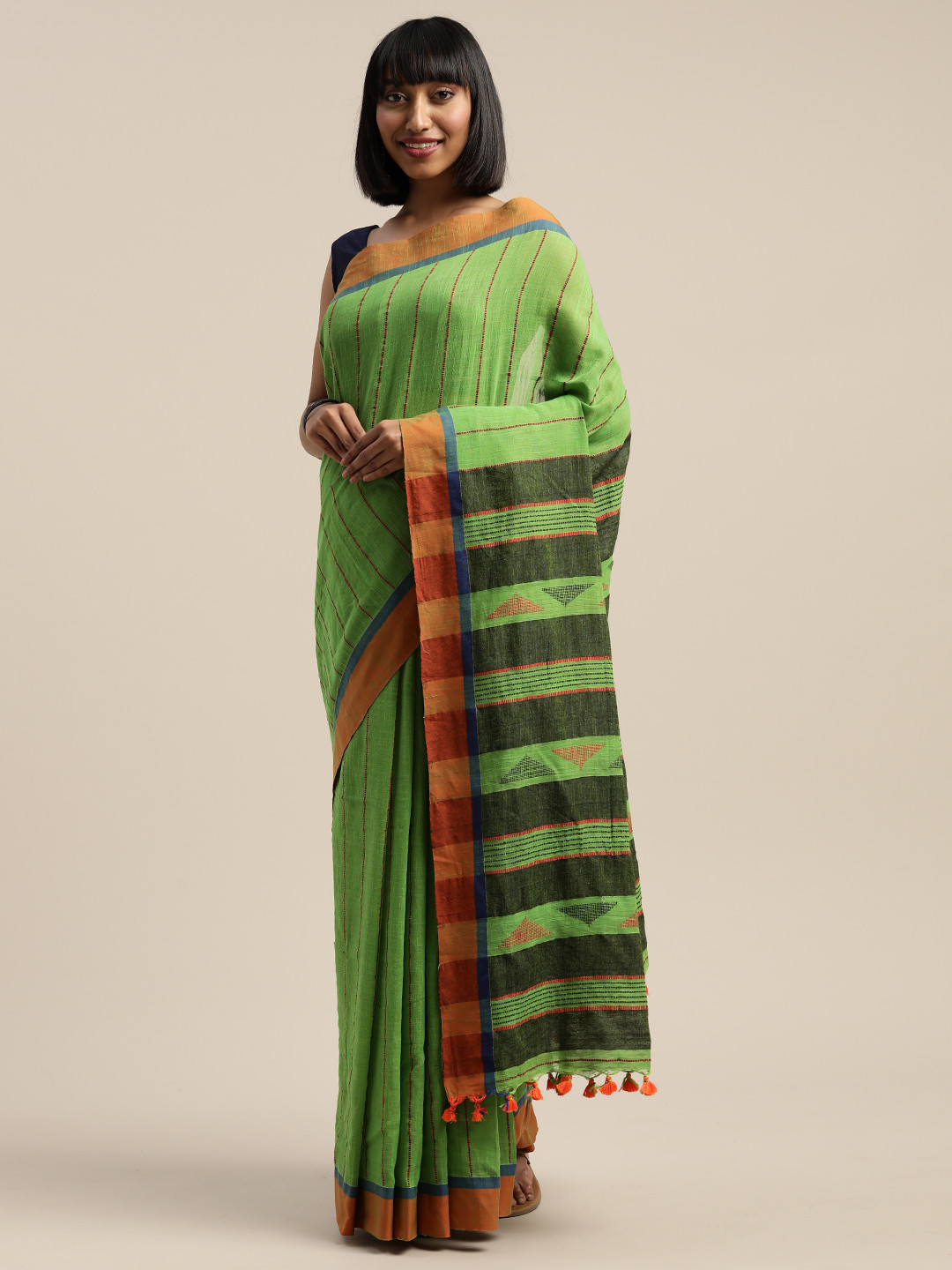 Mitera Green Vertical Threadwork Liva Striped Pure Phulia Cotton Handloom Saree