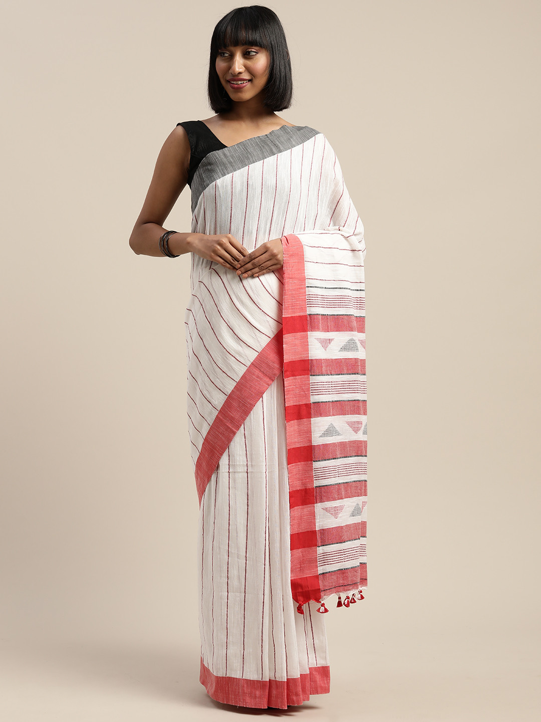 Mitera White & Red Liva Pure Cotton Striped Handloom Saree