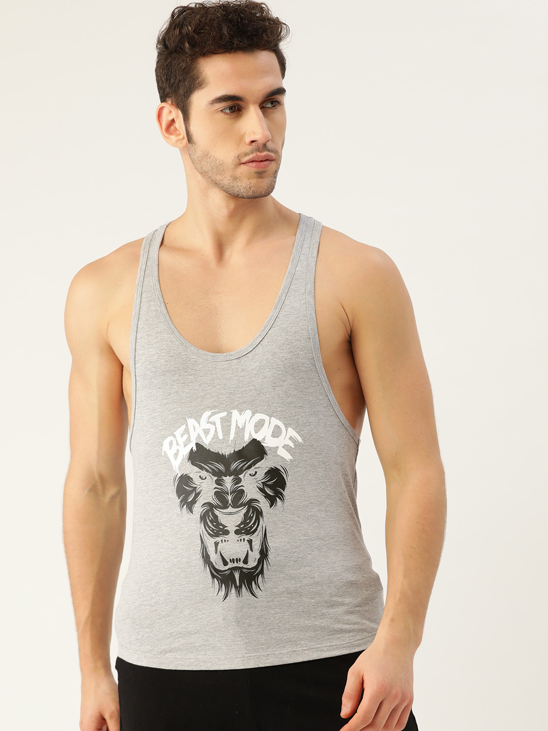ROMEO ROSSI Men Grey Melange & Black Printed Round Neck T-shirt