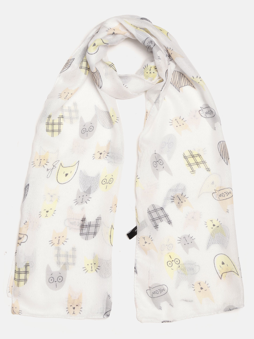 J Style Girls White & Grey Cat Printed Stole