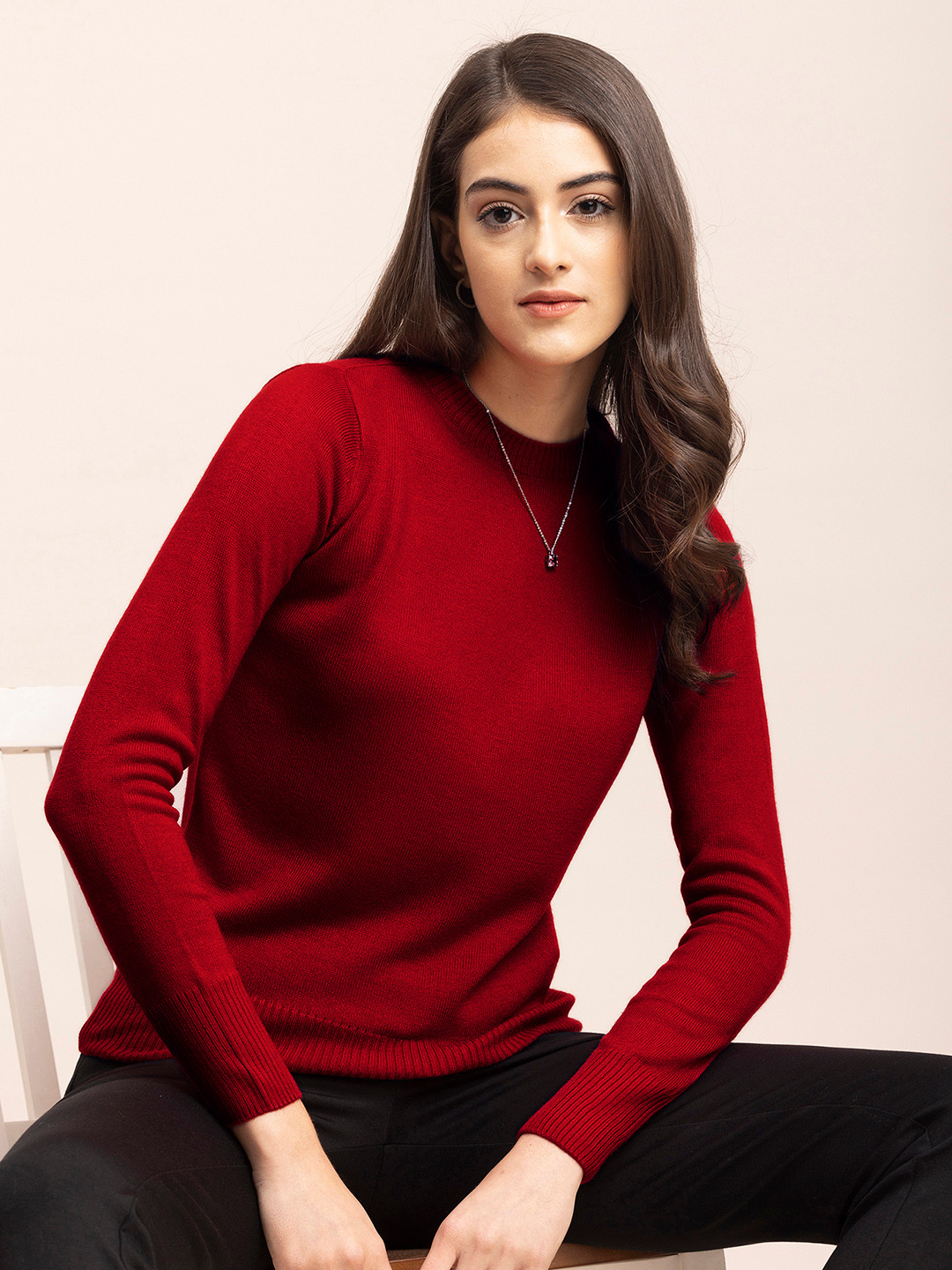 FableStreet Women Red Solid Pullover Sweater