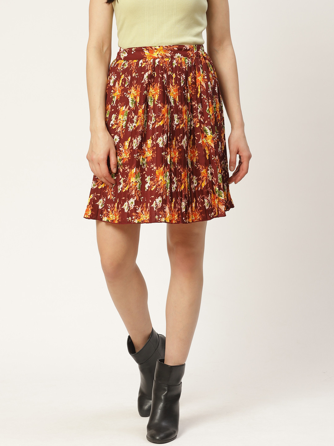 Antheaa Women Rust Red & Yellow Accordion Pleated Floral Printed A-Line Skirt