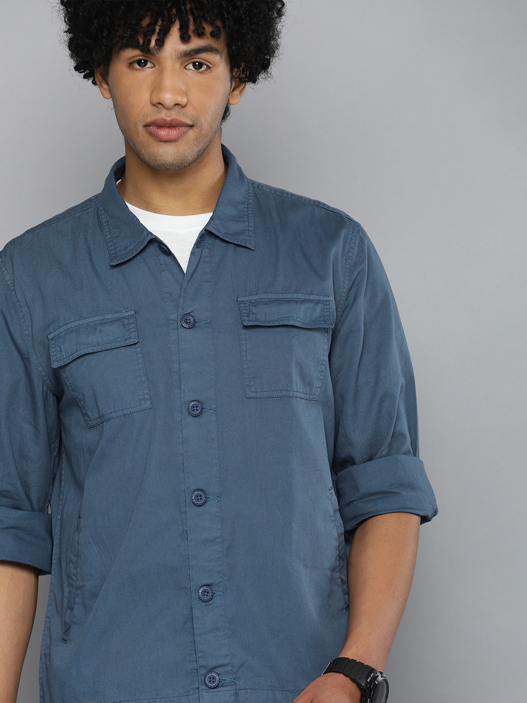 The Indian Garage Co Men  Utililty Regular Fit Solid Shirt with Double flap Pocket