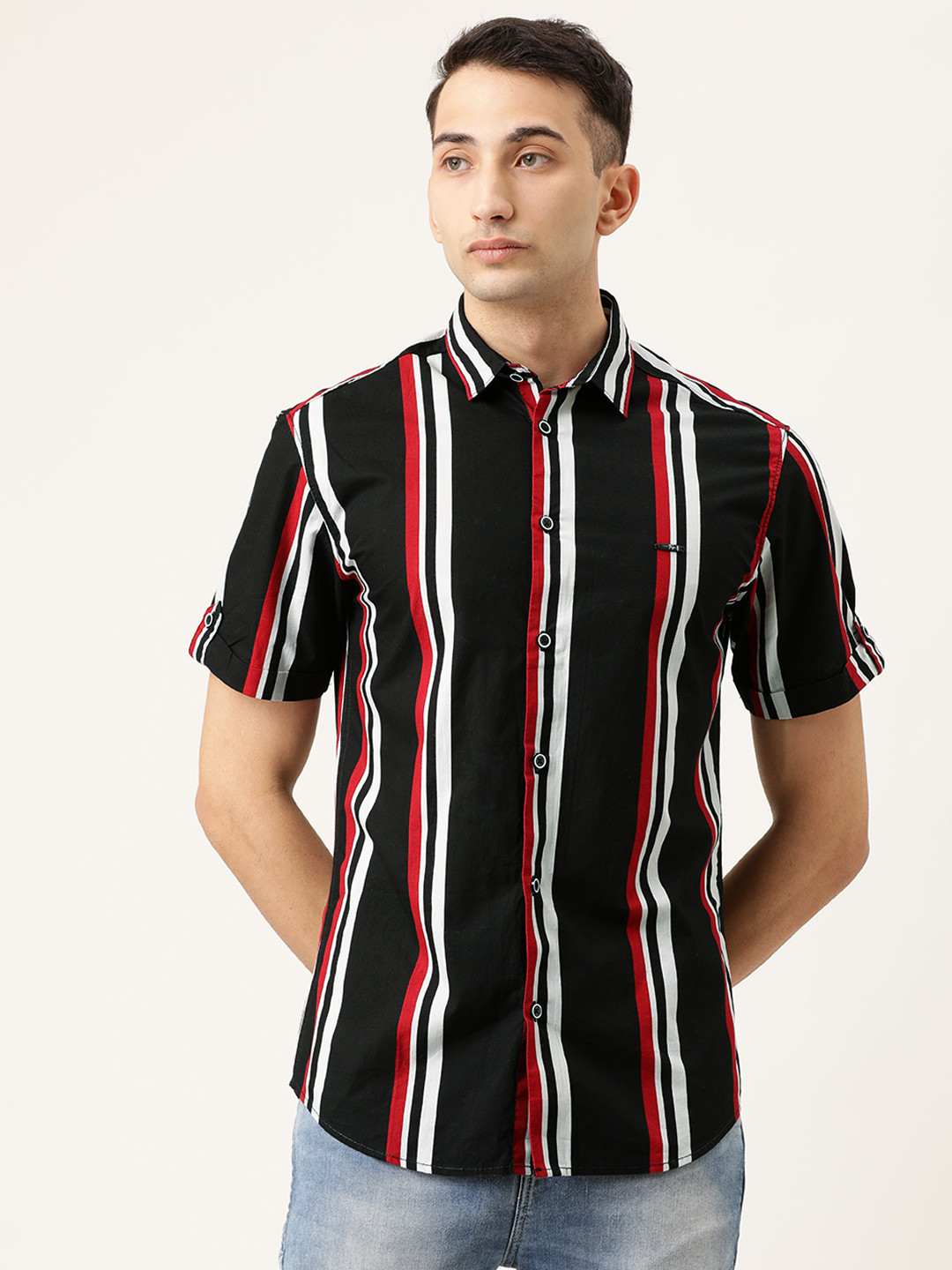 The Indian Garage Co Men Black & Red Slim Fit Striped Casual Shirt