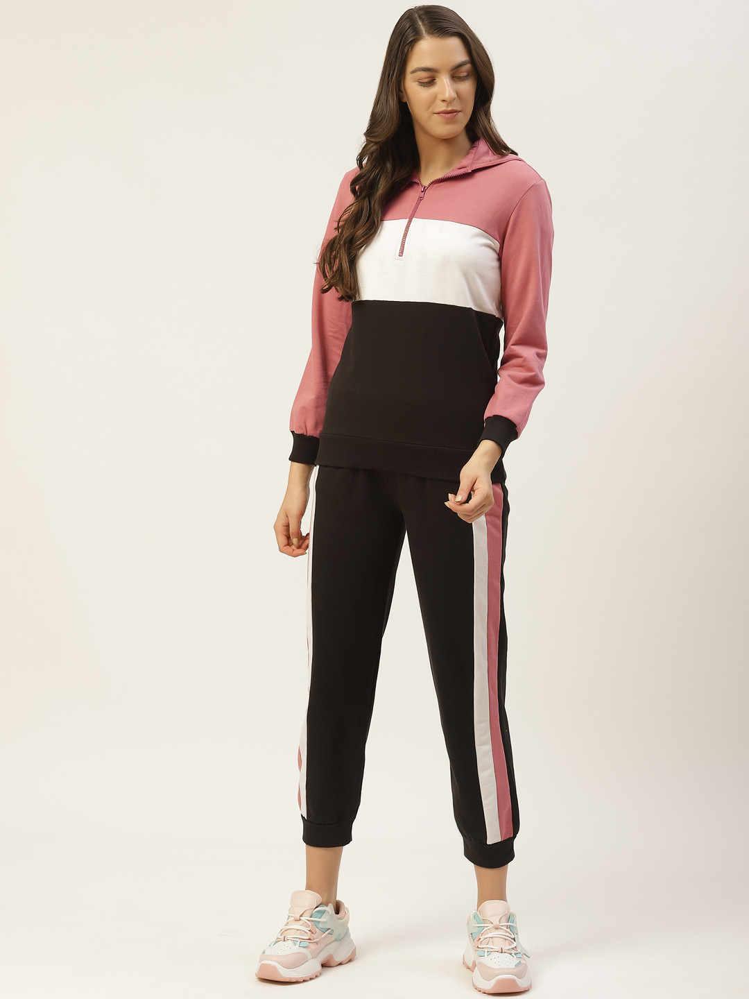 Laabha Women Black & Dusty Pink Colourblocked Tracksuit