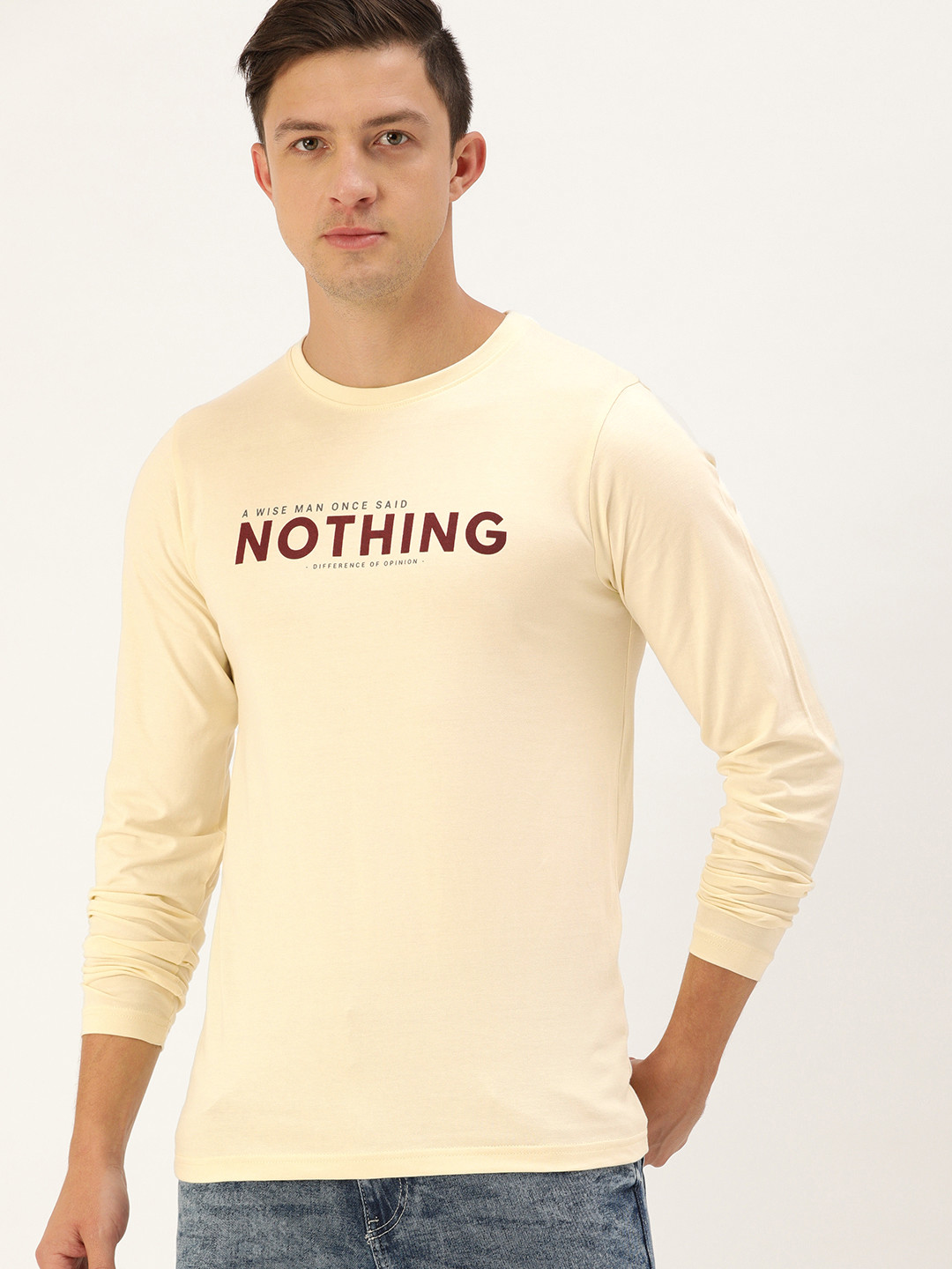 Difference of Opinion Men Cream-Coloured Pure Cotton Typography Printed Round Neck Pure Cotton T-shirt