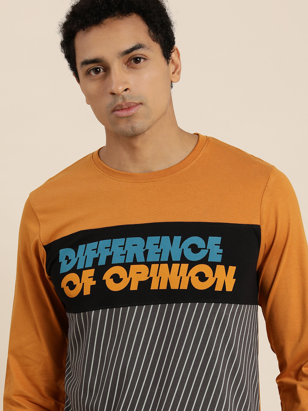 Difference of Opinion Men Charcoal Grey Brown Typography Round Neck T-shirt