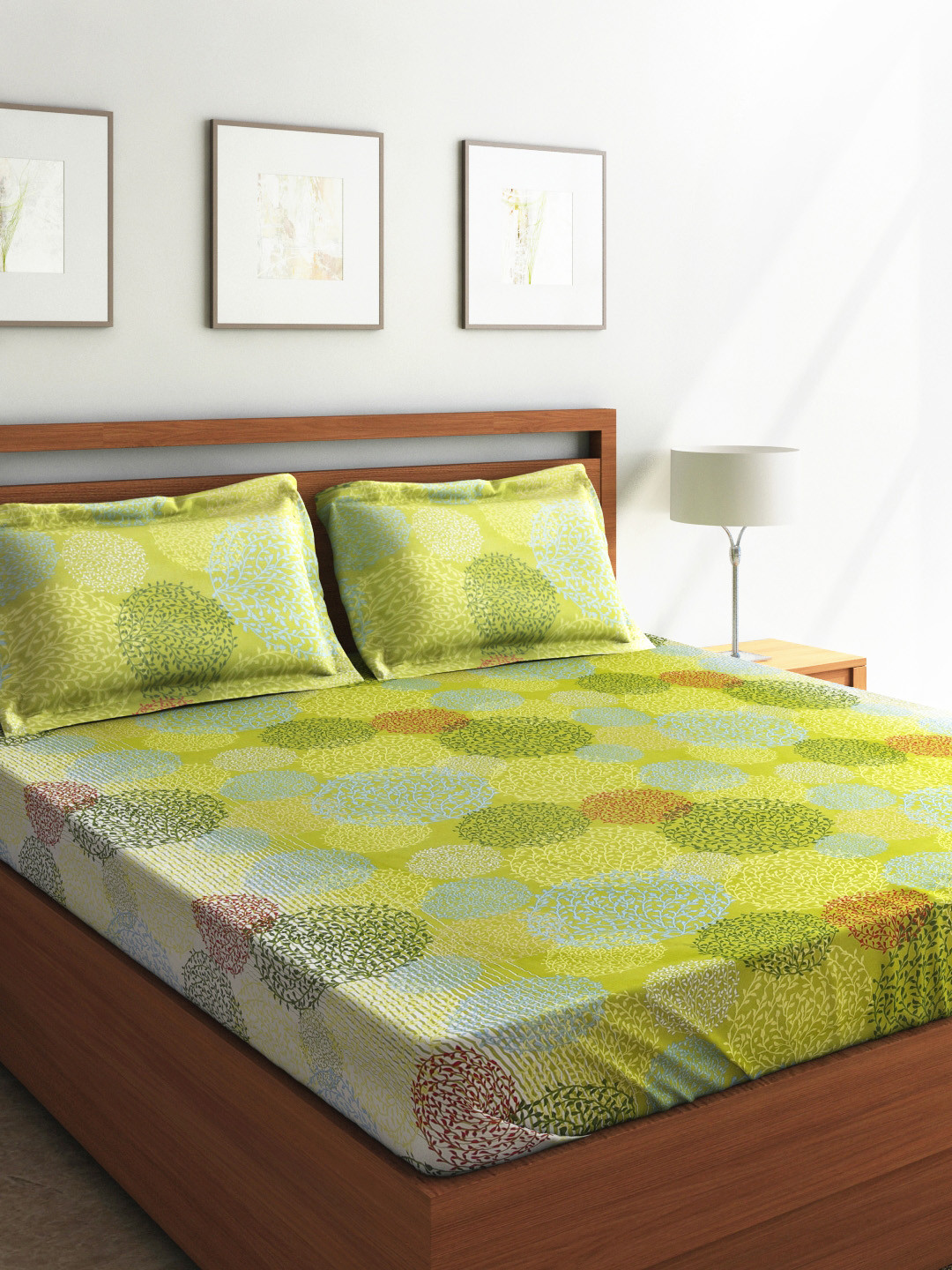 SEJ by Nisha Gupta Green Leaf Pure Cotton 160 TC Queen Bedsheet with 2 Pillow Covers-87 x 94 inches