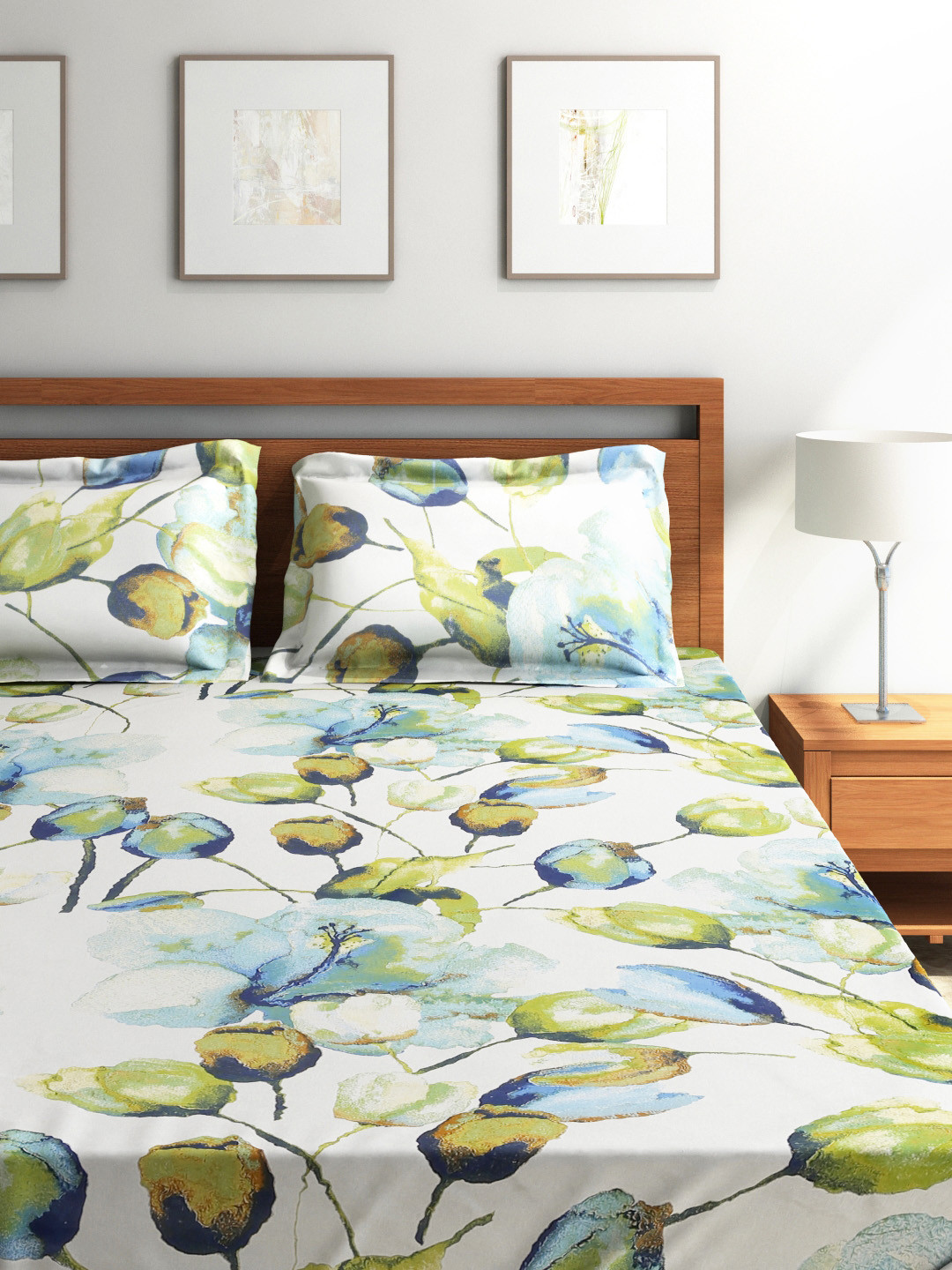 SEJ by Nisha Gupta White Floral Cotton 144 TC Queen Bedsheet with 2 Pillow Covers-87 x 94 inches
