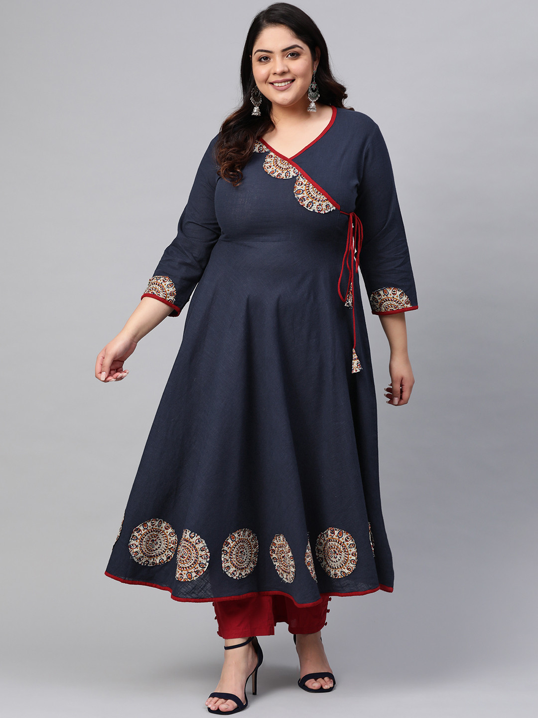 YASH GALLERY Plus Size Women Navy & Golden Embroidered Yoke Design A-Line Angrakha Kurta