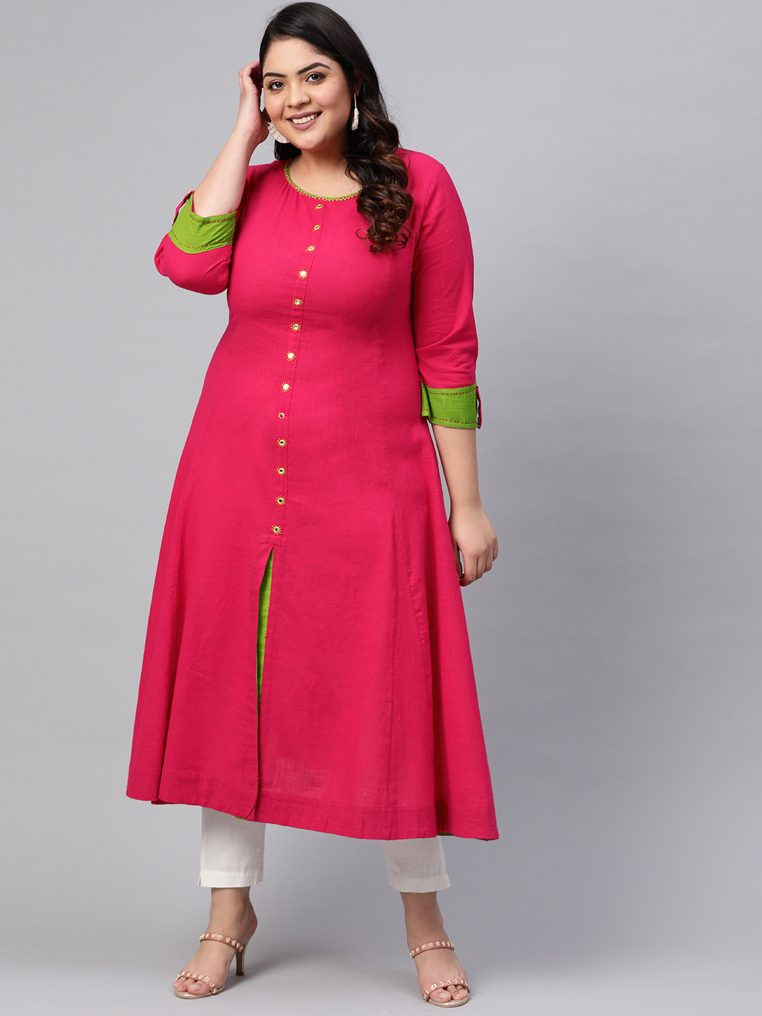 YASH GALLERY Women Plus Size Pink Solid A-Line Kurta with Front Slit & Mirror Work Detail