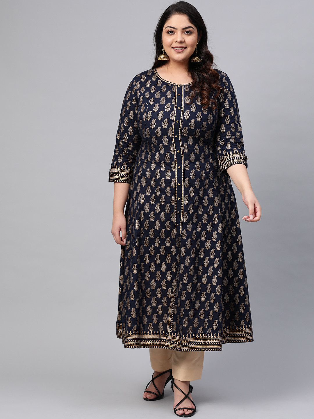 YASH GALLERY Women Plus Size Navy Blue & Golden Printed A-Line Kurta