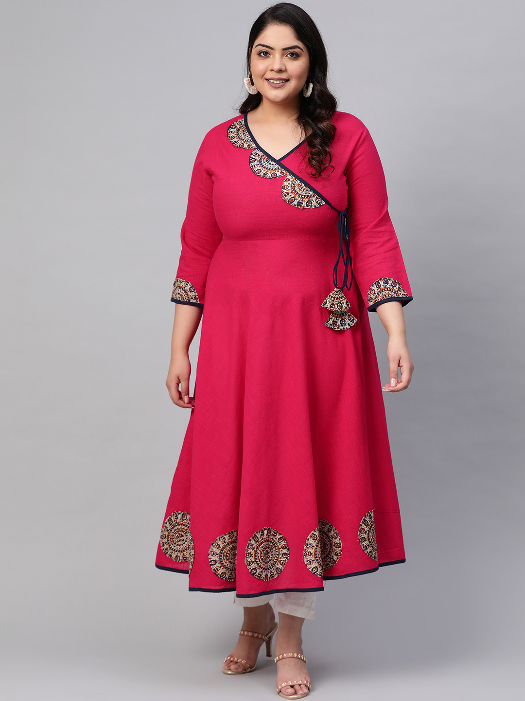 YASH GALLERY Women Fuchsia & Off-White Plus Size Yoke Design Angrakha Anarkali Kurta