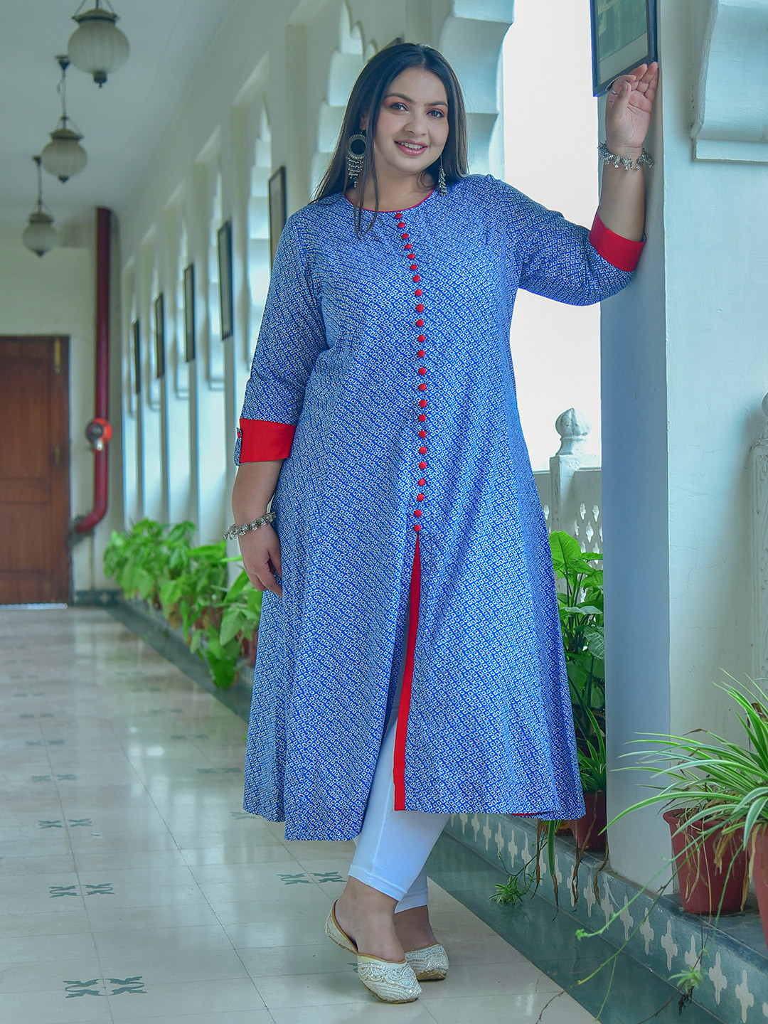 YASH GALLERY Plus Size Women Navy Blue & White Geometric Print A-Line Kurta with Frontslit