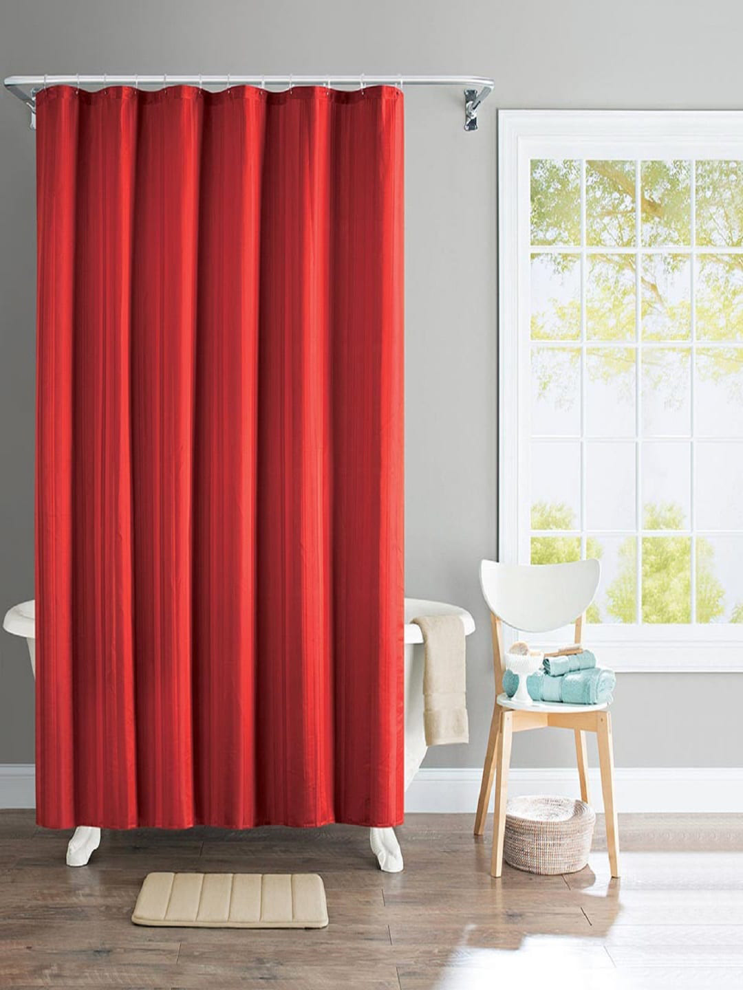 Deco Window Red Single Water Repellant Shower Curtain with Hooks