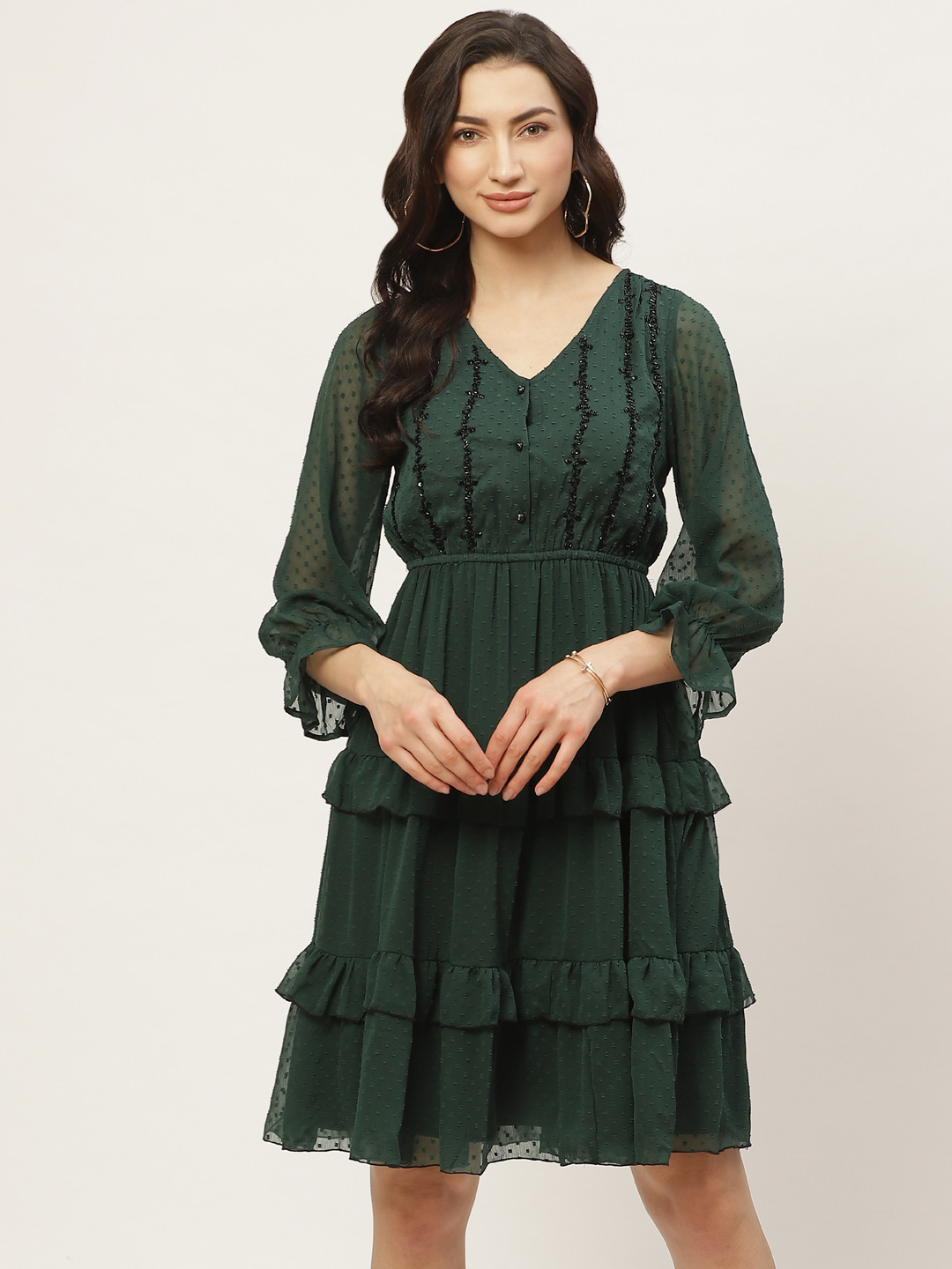 Antheaa Women Green Self Design Tiered A-Line Dress
