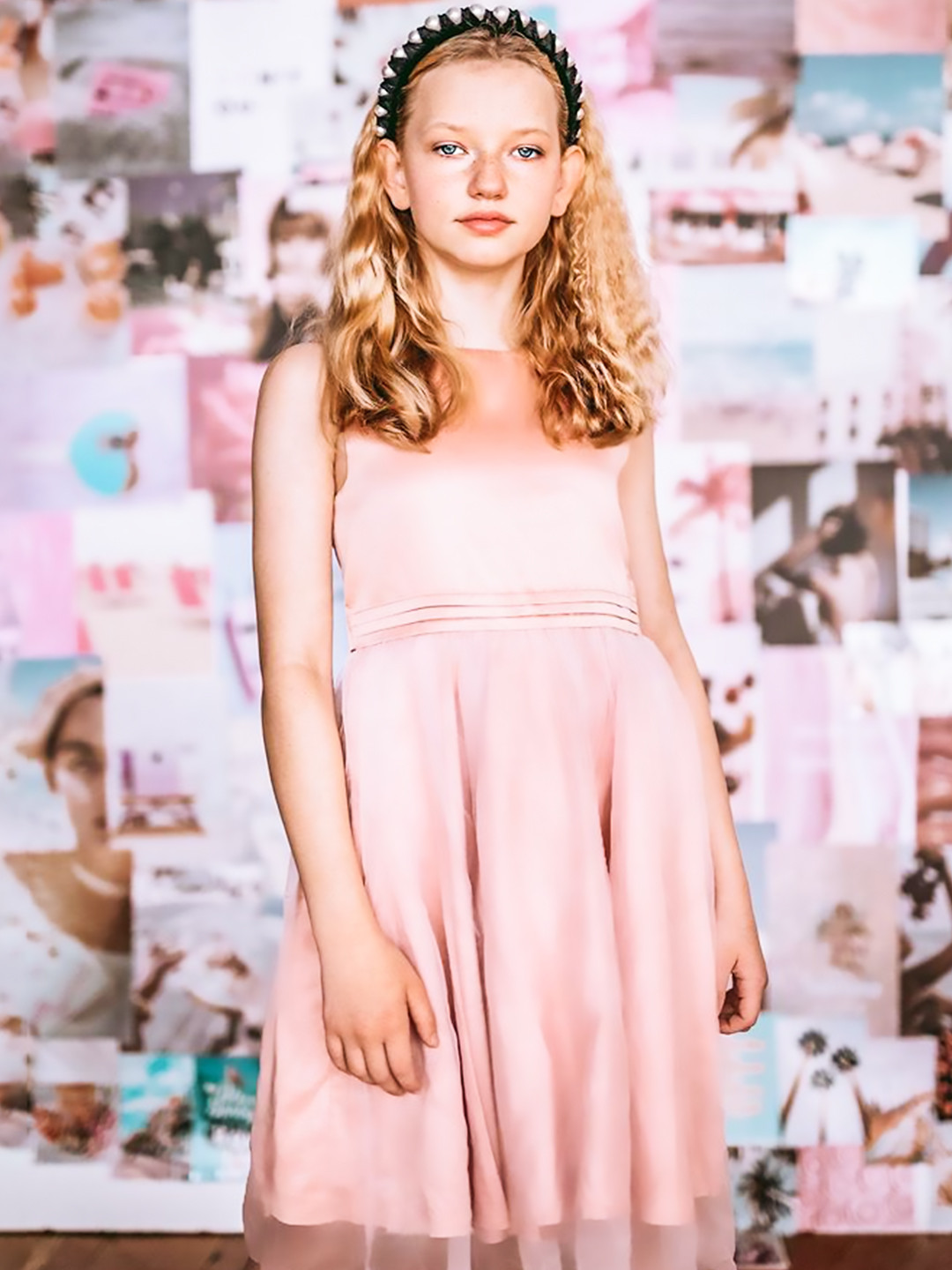 Cherry Crumble Girls Peach-Coloured Net Solid Fit & Flare Dress