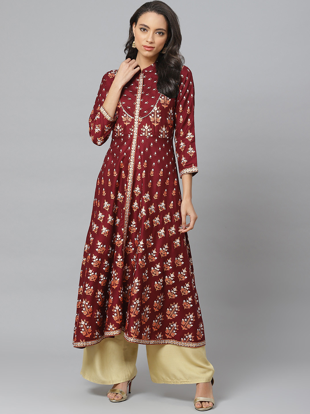 YASH GALLERY Women Burgundy  Orange Printed Anarkali Kurta