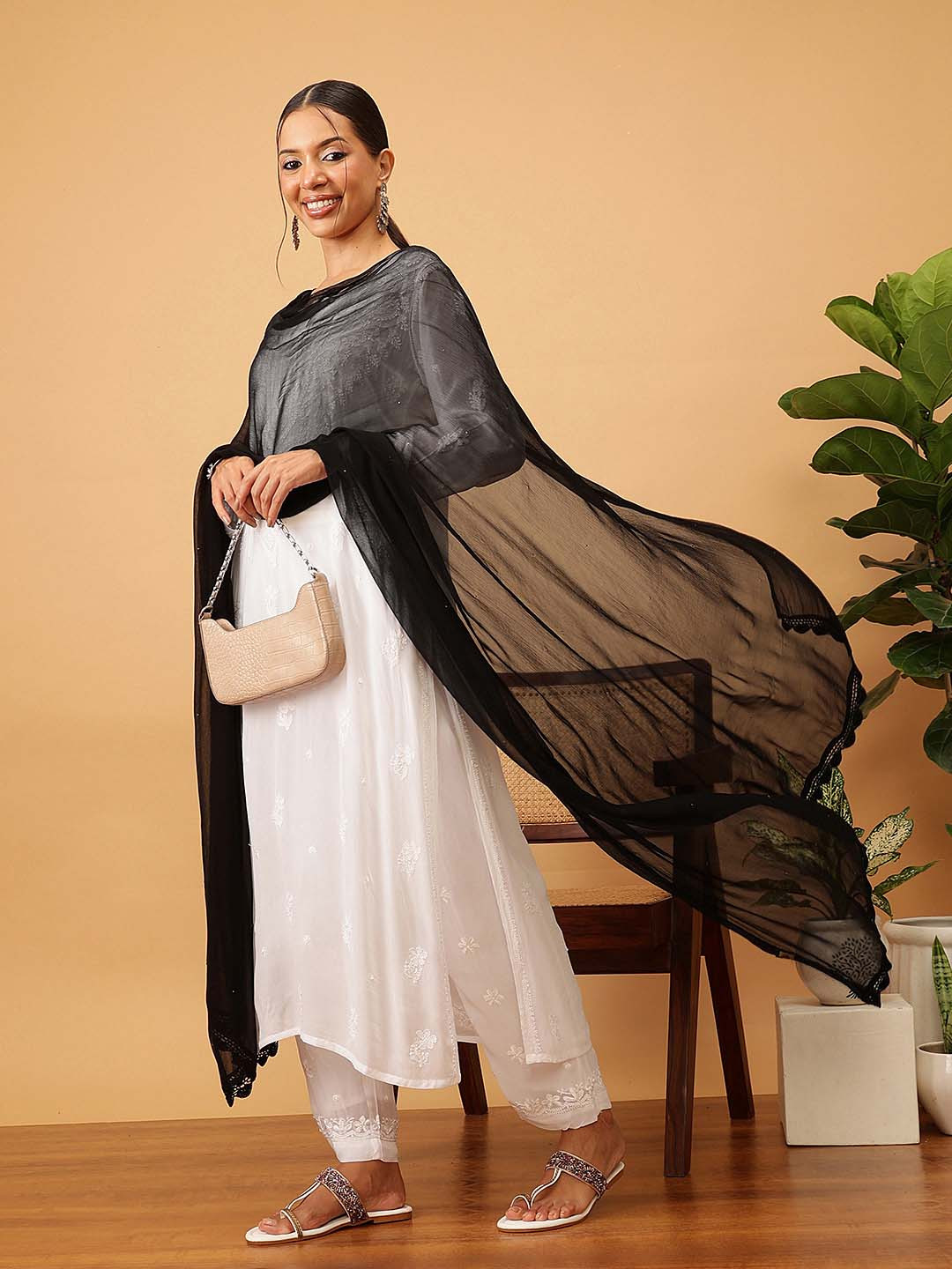 ADA Black Solid Handloom Dupatta with Chikankari Hand Embroidery