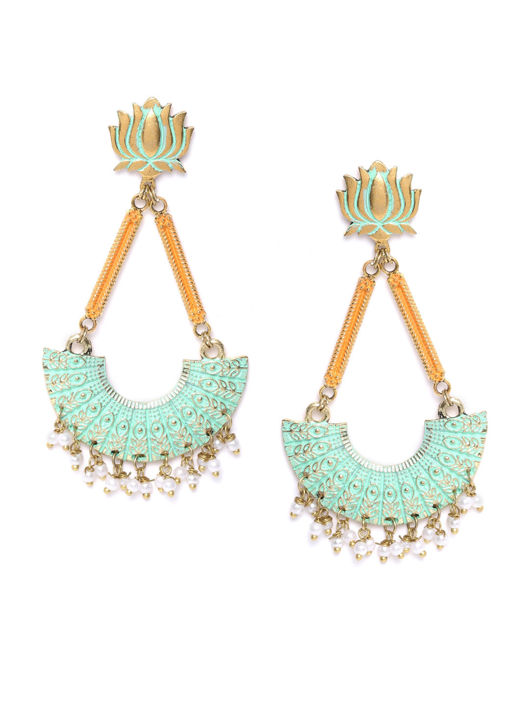 DIVA WALK Green Gold-Plated Beaded Handcrafted Enamelled Classic Drop Earrings