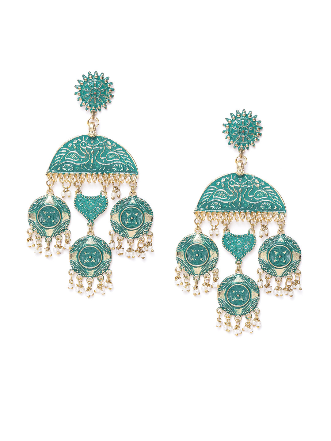 DIVA WALK Green & White Gold-Plated Beaded Handcrafted Geometric Drop Earrings