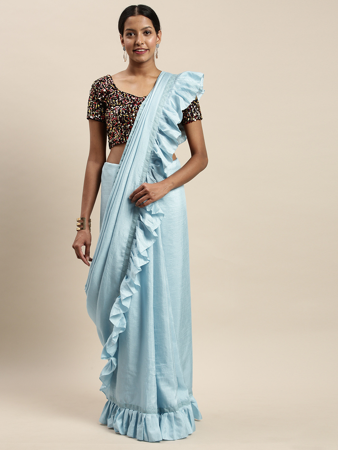 Mitera Blue Solid Ruffled Saree
