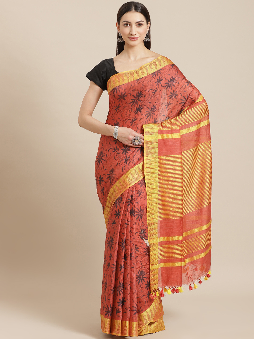 Kalakari India Rust Orange & Black Printed Handloom  Bhagalpuri Sustainable Saree