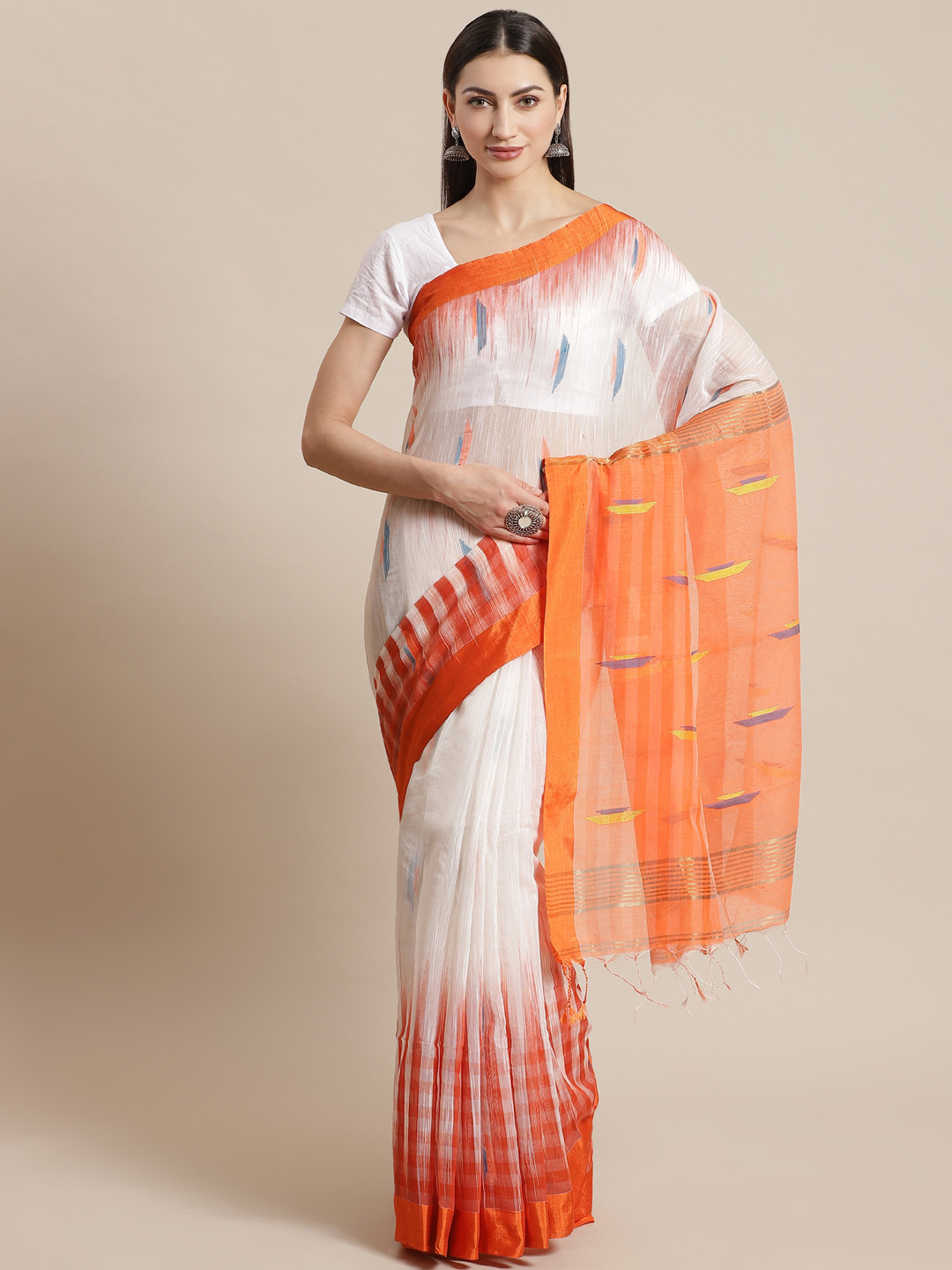 Kalakari India Off-White & Orange Handloom  Woven Design Ikat Sustainable Saree