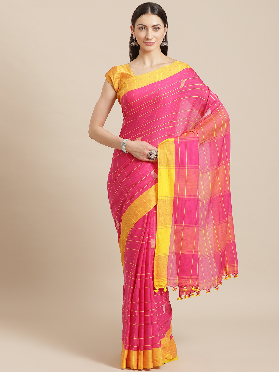 Kalakari India Magenta & Mustard Yellow Pure Cotton Checked Handloom Saree