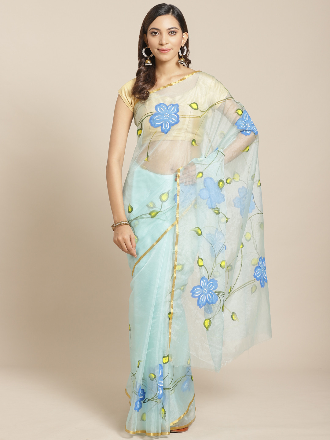 Kalakari India Blue & Olive Green Floral Print Saree