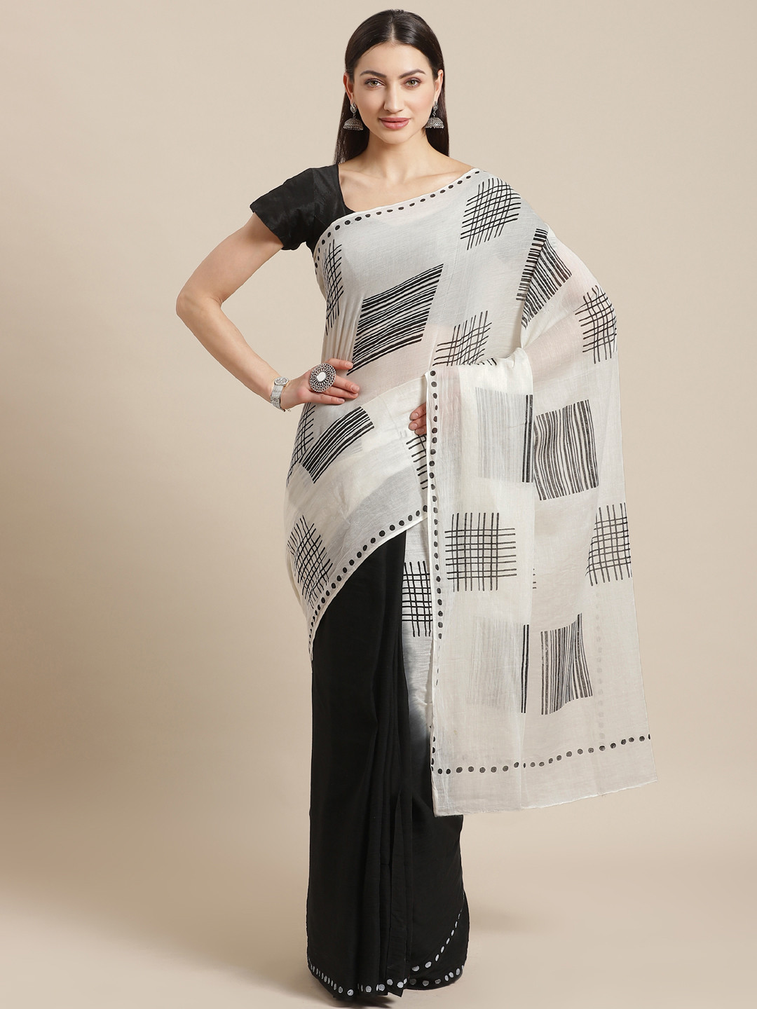 Kalakari India Off-White & Black Pure Cotton Block Print Sustainable Saree