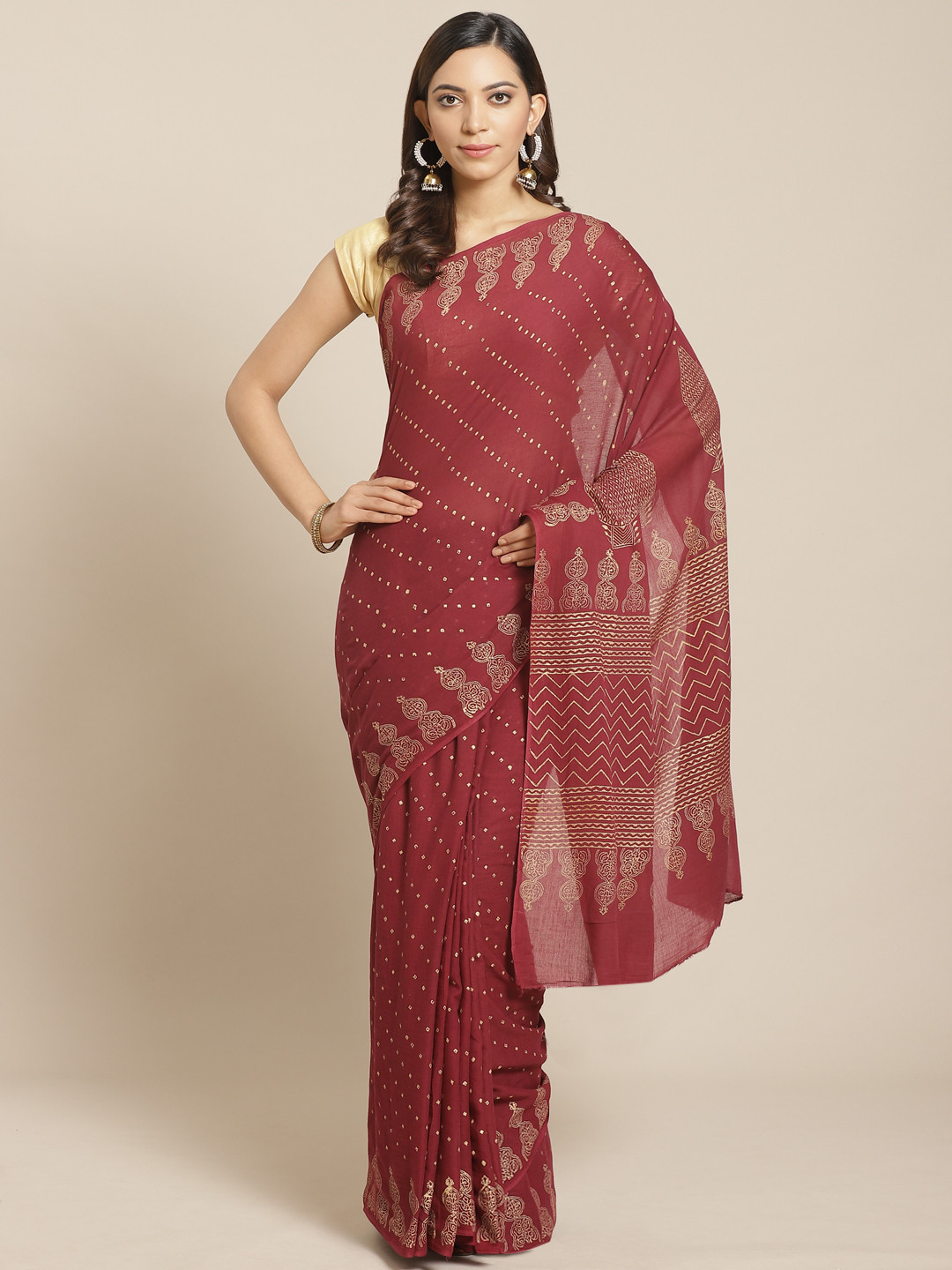 Kalakari India Burgundy & Golden Pure Cotton Block Print  Handloom Sustainable Saree