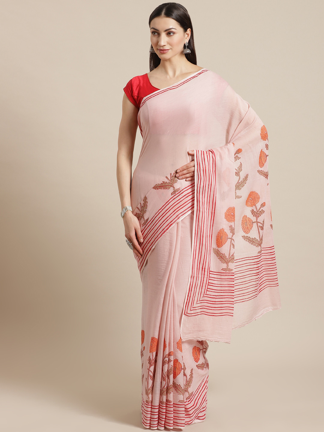 Kalakari India Pink & Red Pure Cotton Floral Block Print  Handloom Sustainable Saree